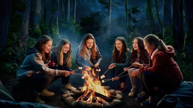Un grupo de chicas acampando en el bosque.