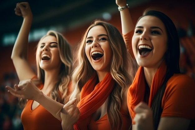 grupo de chicas atractivas como fanático del fútbol emocionante partido de fútbol y animar en el estadio