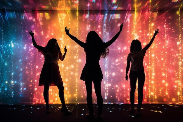 Un grupo de chicas baila en un escenario con luces de colores detrás de ellas.