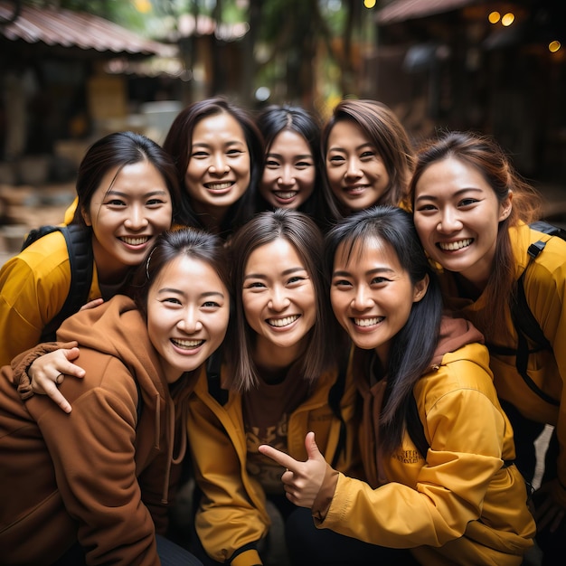 un grupo de chicas con camisas amarillas que dicen cita el nombre de la compañía cita