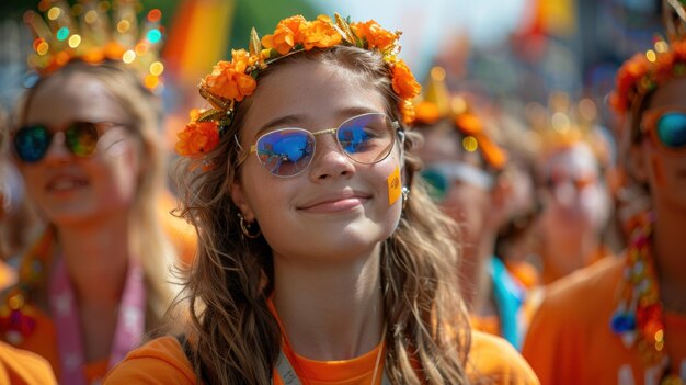 Grupo de chicas con camisas naranjas y gafas de sol