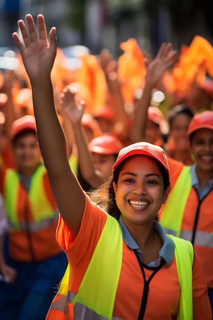 un grupo de chicas con chalecos anaranjados y chalecos naranjas están animando a la cámara