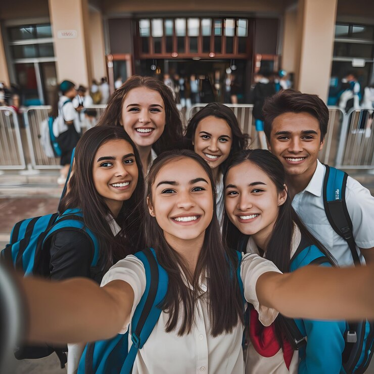 un grupo de chicas están posando para una foto con uno tomando una foto