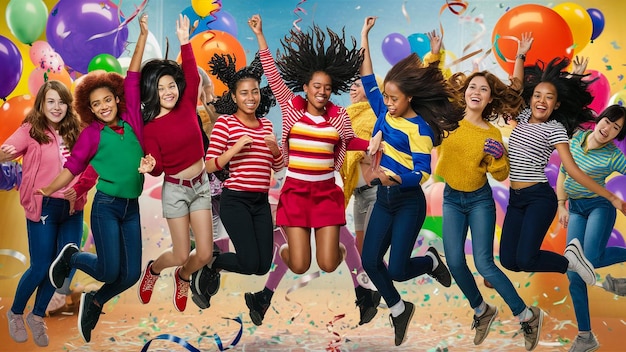Foto un grupo de chicas están saltando en el aire con globos y la palabra 