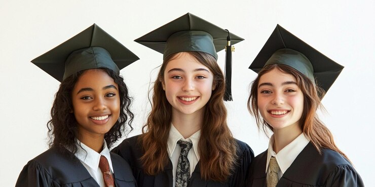 un grupo de chicas con gorras de graduación y una gorra de graduación