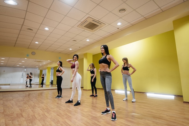 Un grupo de chicas jóvenes se dedican al ejercicio físico bajo la guía de un entrenador experimentado. Fitness, estilo de vida saludable.