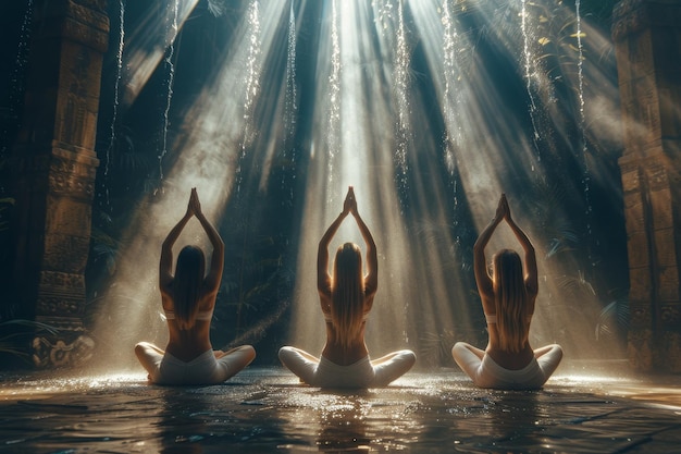 Un grupo de chicas jóvenes practicando yoga a la luz del sol realizan ejercicios de Padmasana posición de loto