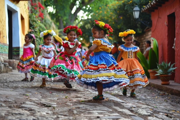 Un grupo de chicas jóvenes con vestidos coloridos bailando