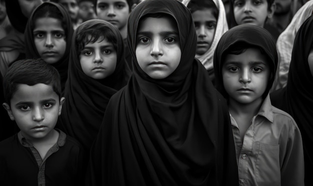 Un grupo de chicas en una multitud, una de las cuales lleva un hiyab.