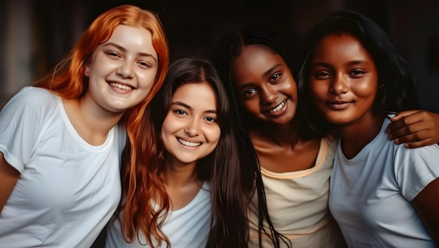 Un grupo de chicas posan para una foto con la palabra amor abajo a la derecha.