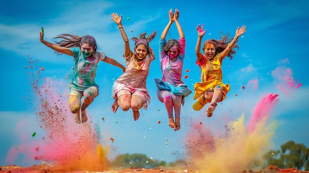 un grupo de chicas saltando en el aire con polvo de color