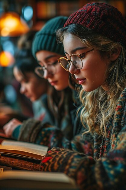 un grupo de chicas sentadas en una mesa con un libro