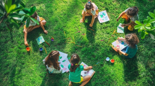 un grupo de chicas se sientan en la hierba y pintan una imagen de ellas