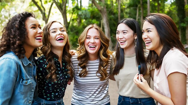 un grupo de chicas sonriendo para una foto con una que dice "sonríe"