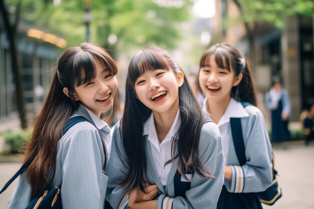 Un grupo de chicas sonriendo y riendo en una calle.