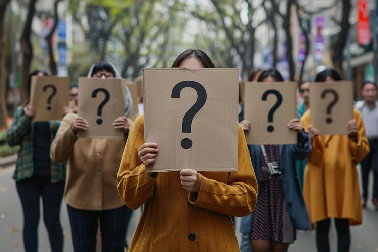 Foto un grupo de chicas sosteniendo un papel con signos de pregunta