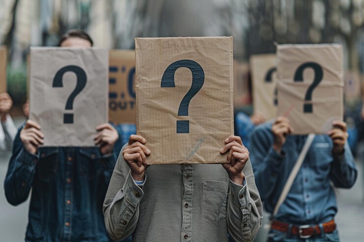 Foto un grupo de chicas sosteniendo un papel con signos de pregunta