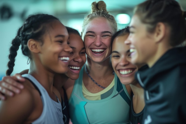 Un grupo de chicas tomando fotos de sí mismas después de entrenar en el gimnasio