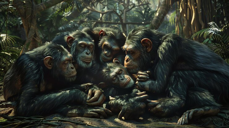 Foto un grupo de chimpancés se acurrucan en la selva el sol brilla a través de los árboles creando una escena cálida y pacífica