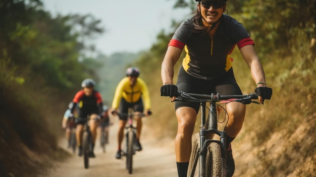 Un grupo de ciclistas asiáticos viajan en bicicleta por carreteras rurales y forestales.