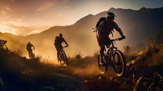 Un grupo de ciclistas con equipo de protección estaban montando sus bicicletas de montaña en la misma dirección