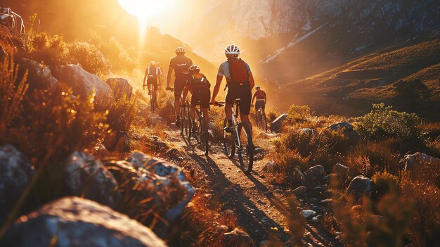 Un grupo de ciclistas de montaña viajan por un sendero rocoso en las montañas El sol se está poniendo y el cielo es un cálido naranja dorado