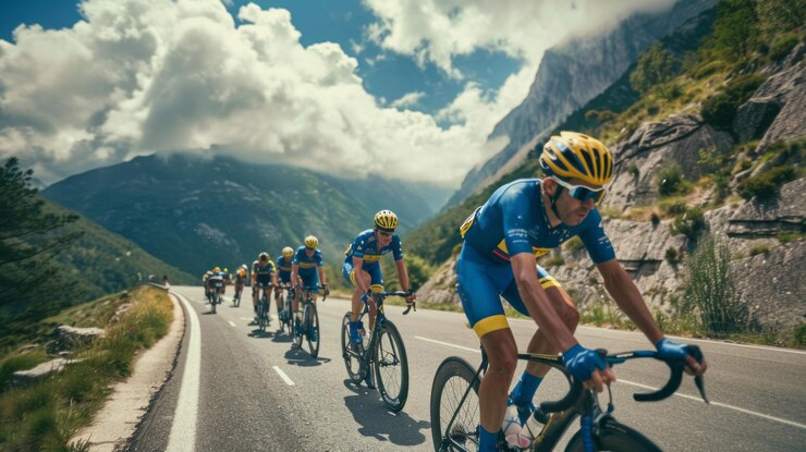 Foto un grupo de ciclistas viajan por una carretera con montañas en el fondo