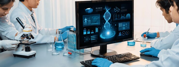 Foto grupo científico dedicado que trabaja en software informático avanzado de biotecnología para estudiar o analizar datos de adn después de lograr un avance científico a partir de un experimento químico en el laboratorio médico neoteric