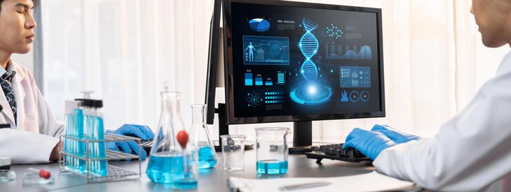 Foto grupo científico dedicado que trabaja en software informático de biotecnología avanzada para estudiar o analizar datos de adn después de lograr un avance científico a partir de un experimento químico en un laboratorio médico neoteric