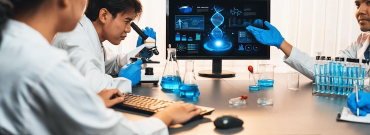 Foto grupo de científicos dedicados que trabajan en software informático de biotecnología avanzada para estudiar o analizar datos de adn después de hacer un avance científico a partir de experimentos químicos en laboratorios médicos neotérico