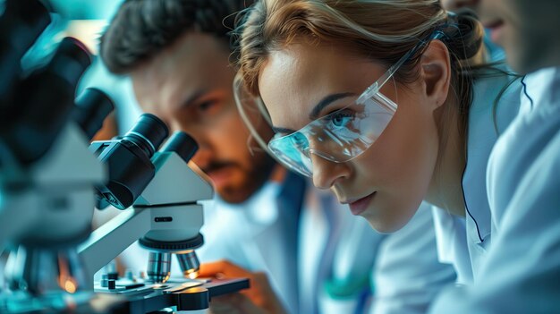 Grupo de científicos que trabajan en el laboratorio Se centran selectivamente en el microscopio