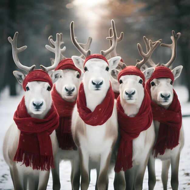 Foto grupo de ciervos blancos con cuernos rojos de pie en una fila con sombreros rojos y bufandas generativo ai