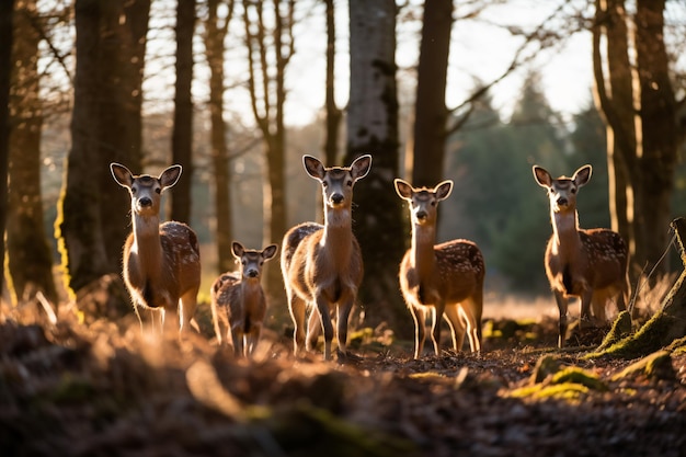 un grupo de ciervos parados en un bosque