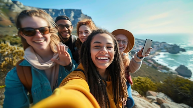 Un grupo de cinco amigos diversos y felices se toman una selfie juntos mientras están de excursión en las montañas, todos sonriendo y riendo.