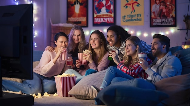 Un grupo de cinco amigos teniendo una noche de cine