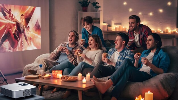 Un grupo de cinco amigos teniendo una noche de cine