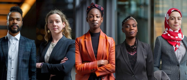 Un grupo de cinco profesionales de color posando en una línea todos vestidos con trajes o vestidos formales de negocios