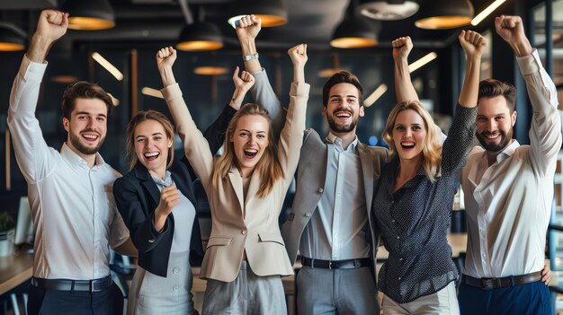 Un grupo de cinco profesionales de los negocios celebrando su éxito