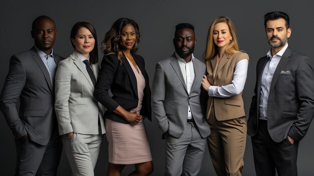 Un grupo de cinco profesionales de negocios posando en una línea con trajes o vestimenta formal de negocios