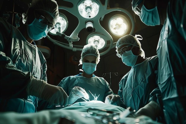 Un grupo de cirujanos está realizando una cirugía en un hospital. La habitación está brillantemente iluminada.