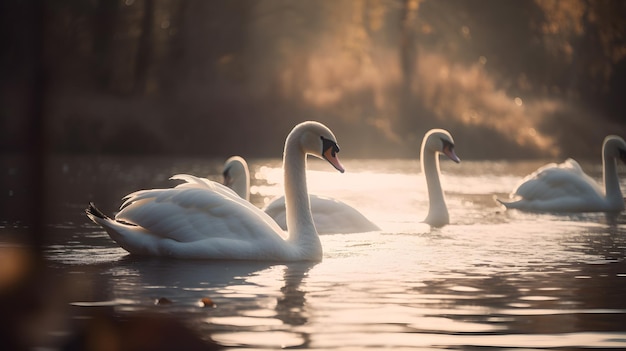 Un grupo de cisnes blancos nadan en un lago con una puesta de sol dorada al fondo.