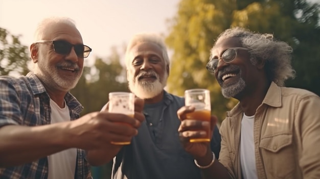 Un grupo de ciudadanos mayores disfrutando de cervezas en el parque Actividades al aire libre con IA generativa y viejos amigos multiétnicos