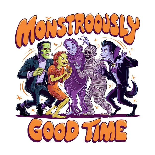 Un grupo clásico de monstruos en una fiesta con la frase Monstruosamente Buen Tiempo