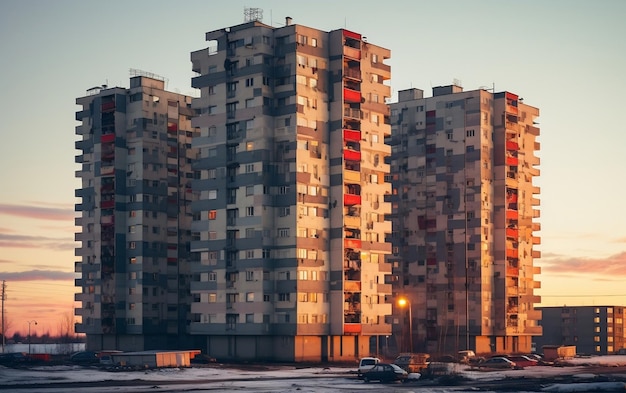 Un grupo de coches estacionados frente a un edificio alto de IA