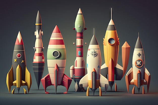 Grupo de cohetes con diferentes diseños y colores listos para despegar creados con ai generativa