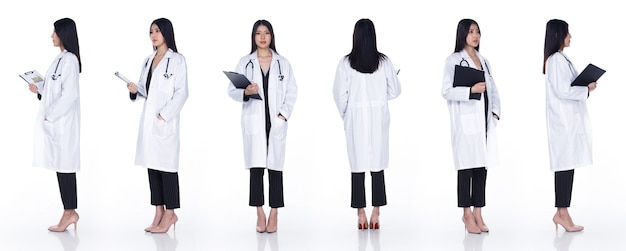 Grupo colagem corpo inteiro de corpo de 20 anos mulher asiática cabelo preto doutor vestido e terno. Feminino fica segurando arquivos e gira 360 em torno da visão traseira do lado traseiro sobre o fundo branco isolado