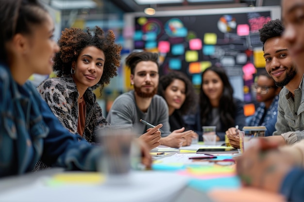 Foto un grupo de colegas multiétnicos se sientan alrededor de una pizarra llena de ideas y diagramas coloridos