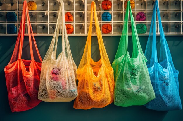 Un grupo de coloridas bolsas de comestibles están alineadas en una mesa