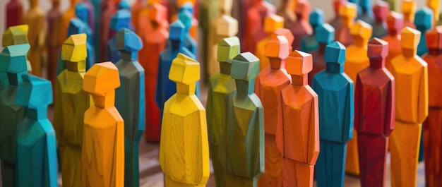 Grupo de coloridas figuras de madera en formación