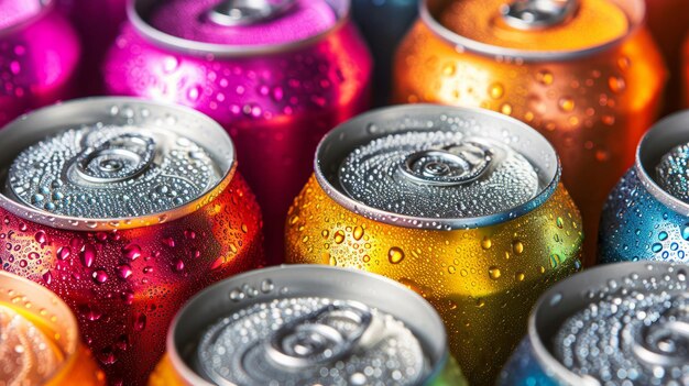 Un grupo de coloridas latas de aluminio de bebidas vista superior